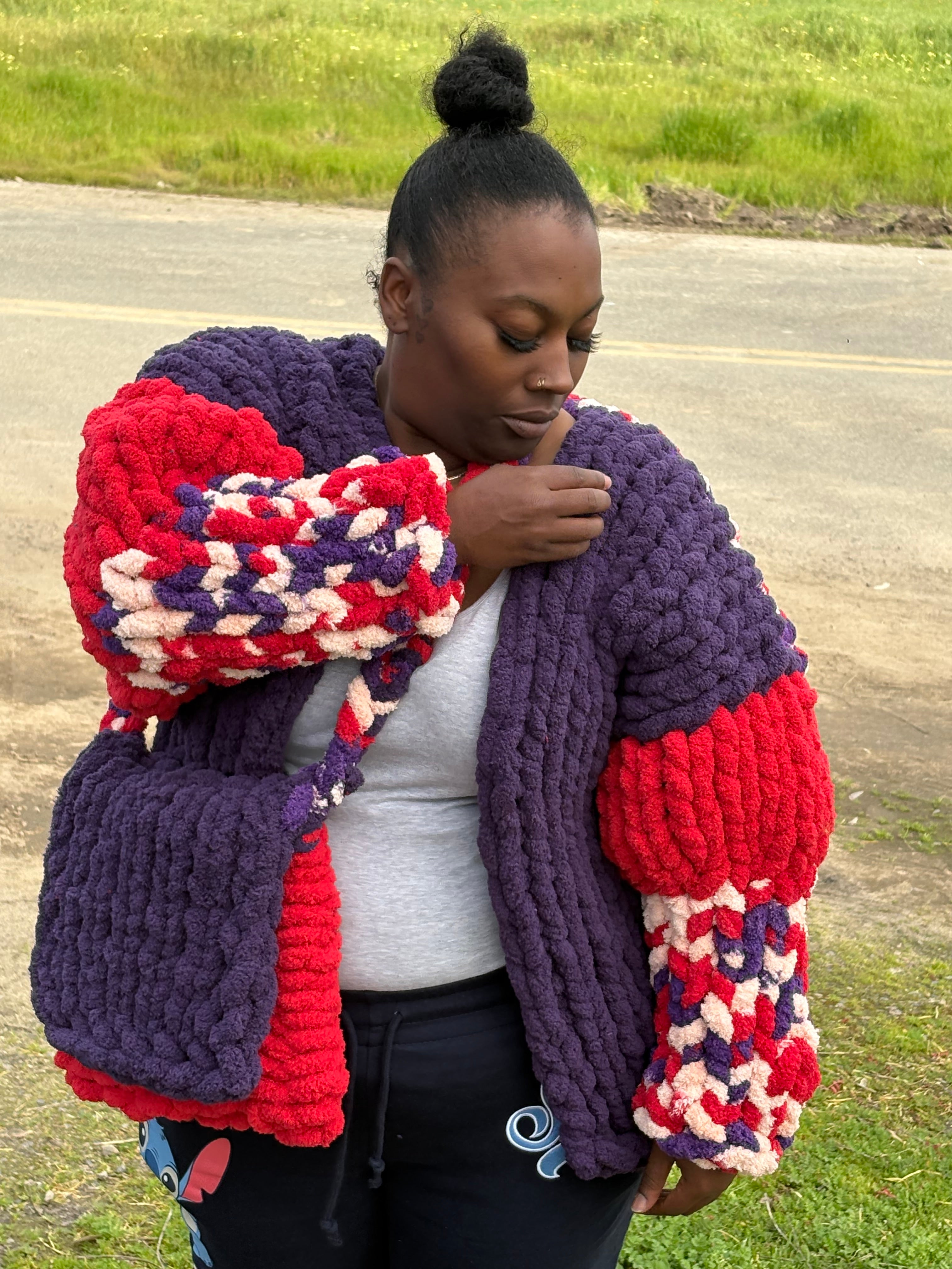 Chunky Knit Sweater Jacket with Cross Body Bag Set